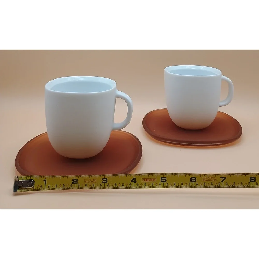 Modern‎ Matte White Espresso Cup and Amber Frosted Glass Saucer Set of 2